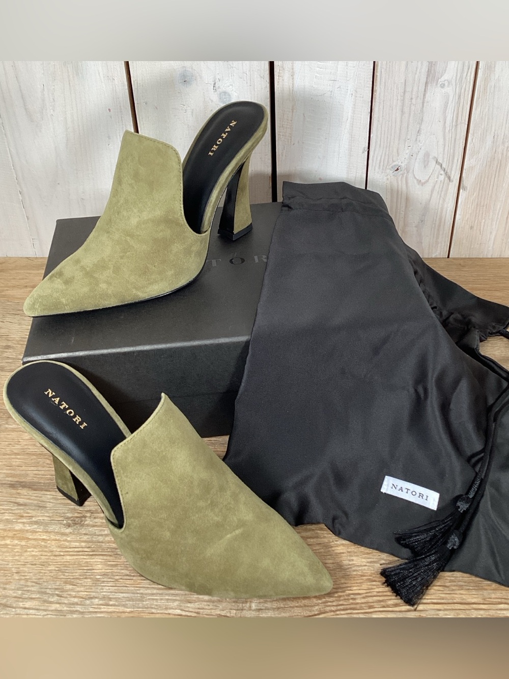 Natori Minh Pointed Toe Mule Olive Green Suede 3.75” Heel Sz 8 New Shoes